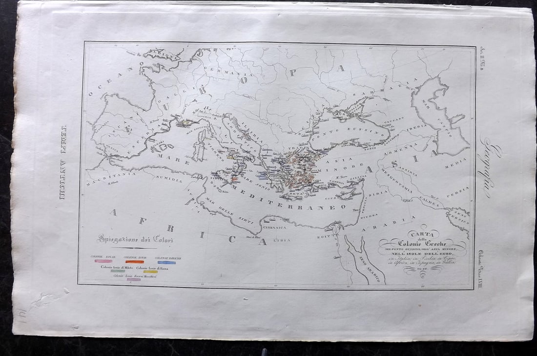 Marmocchi, F. C. 1845 Hand Col Map. Greek Colonies. Ancient Greece: "Carta delle Colonie Greche" Folio Hand Colored Etching/Engraving Published 1845, Florence for "Atlante di Geografia-Storica Universale" by Francesco C. Marmocchi. Paper Size: 17 x 11 inch (43 x 28cm)