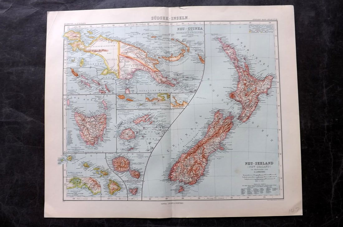 Stieler, Adolf 1909 Antique Map. New Zealand - South Sea Islands, Pacific Australia Hawaii (1 of 1)