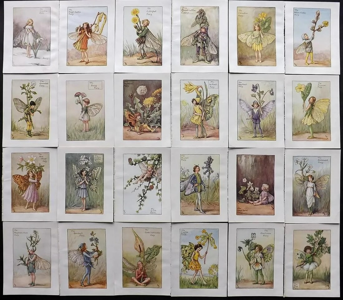 Barker, Cicely Mary C1940 Lot of 24 Flower-Fairy Prints - Spring: Spring Fairies. Lithographs Published C1935-45 by Blackie & Son, London & Glasgow for the "Flower-Fairies" Series by Cicely Mary Barker. Reverse side blank. Paper Size: 5.5 x 4 inch (14 x 10cm) Good C