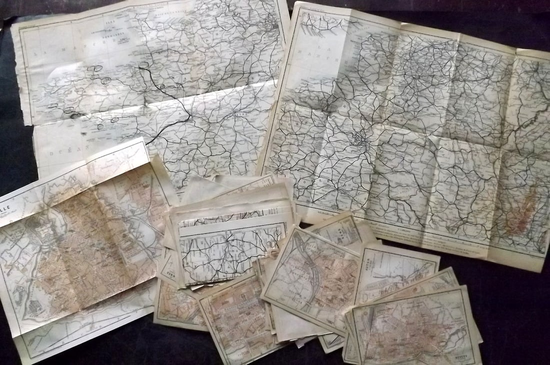Baedeker, Karl 1905 Lot of 26 Antique Maps. Northern France: Lithograph Maps Published 1905, Leipzig for "Northern France from Belgium and the English Channel to the Loire. Handbook for Travellers" by Karl Baedeker. Folds as issued. Paper Size: Up to 16 x 11 in