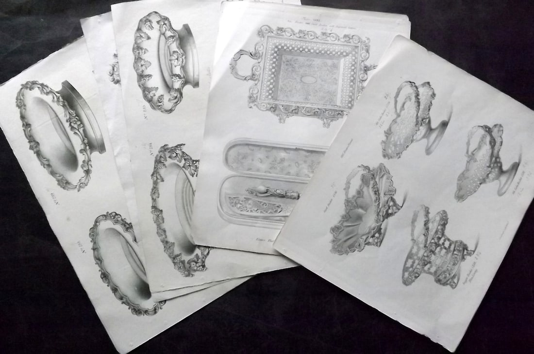 Underwood, T. C1860 Lot of 9 Folio Silverware Prints: Folio Lithographs Published C1860, Birmingham, UK for a Silverware Trade Catalogue. Lithographed by T. Underwood. Paper Size: 15 x 9.5 inch (38 x 25cm) Approx. Old ink annotations of prices next to ti