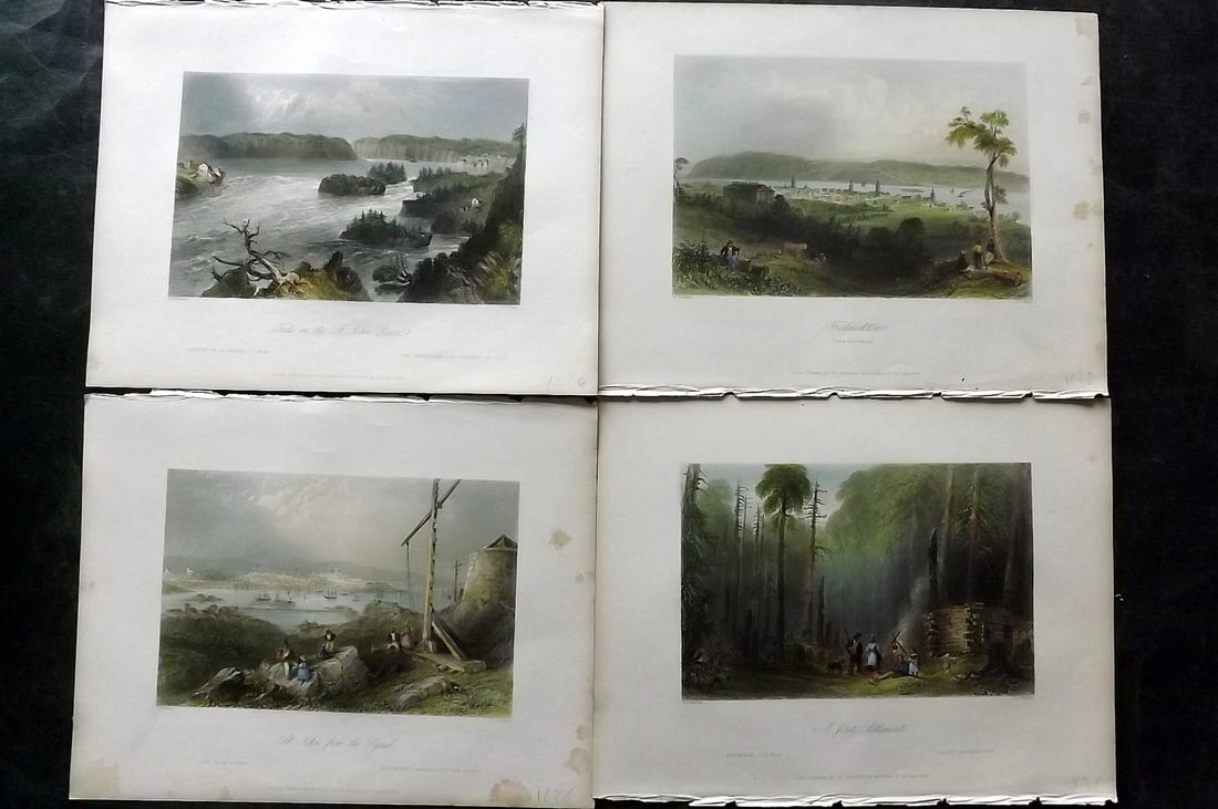 Bartlett Canada 1842 Lot of 4 Deluxe Hand Col Prints: Hand Colored Steel Engravings Published 1842 by George Virtue, London for "Canadian Scenery Illustrated..." by Nathaniel P. Willis. Illustrated by William H. Bartlett. From the Rare Deluxe/Subscriber