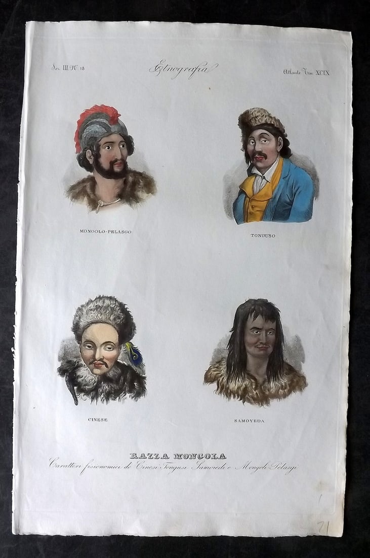 Marmocchi, F. C. 1845 Folio HCol Print. Ethnic - China, Samoyd, Mongolian, Tungusic 99: Folio Hand Colored Etching/Engraving Published 1845, Florence for "Atlante di Geografia-Storica Universale" by Francesco C. Marmocchi. Paper Size: 17 x 11 inch (43 x 28cm) Good Condition