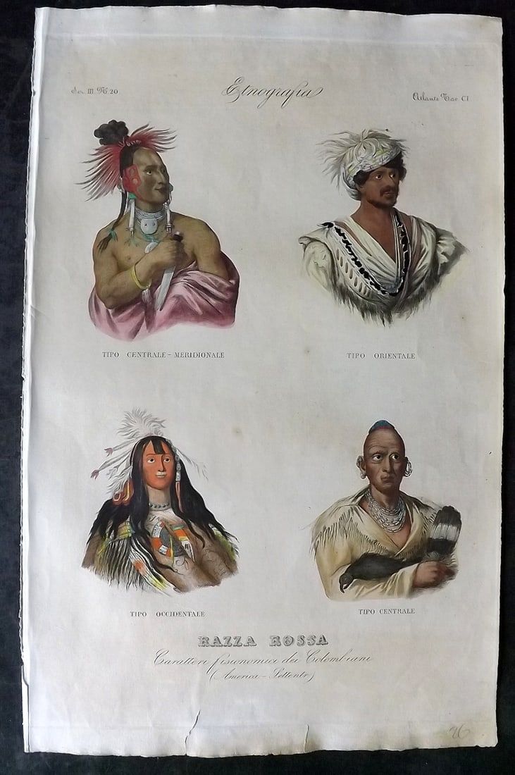 Marmocchi, F. C. 1845 Folio HCol Print. North American Indians USA 101: "Tipo Centrale-Meridionale. Tipo Orientale. Tipo Occidentalee. Tipo Centrala" "Caratteri fisionomici dei Colombiani (America-Settentr)" [Physiognomic characteristics of Colombians (Northern America)] 