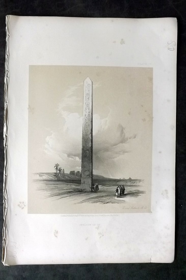 Roberts, David 1856 Print. Obelisk of On 197: Lithograph Published 1855-6 by Day & Son, London for "The Holy Land, Syria, Idumea, Arabia, Egypt & Nubia" Second Edition (First Quarto Edition) by David Roberts. Paper Size: 11.5 x 8 inch (29 x 20cm)