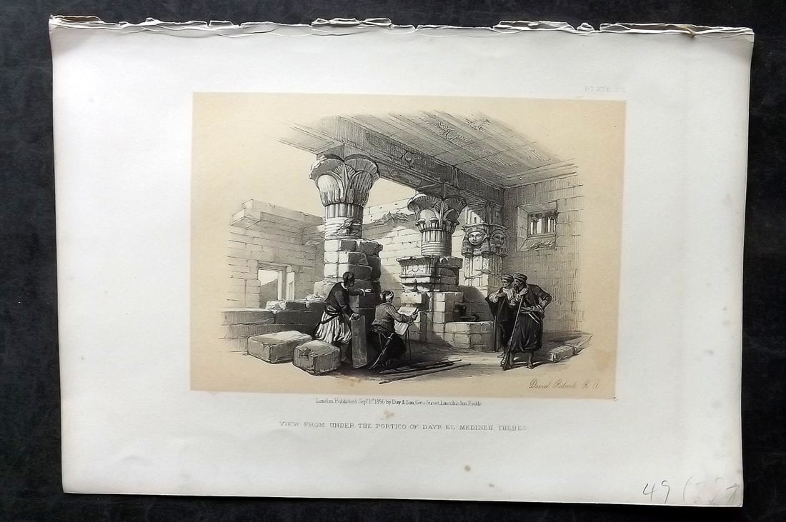 Roberts, David 1856 Print. Under the Portico of Dayr El Midineh 201: Lithograph Published 1855-6 by Day & Son, London for "The Holy Land, Syria, Idumea, Arabia, Egypt & Nubia" Second Edition (First Quarto Edition) by David Roberts. Paper Size: 11.5 x 8 inch (29 x 20cm)