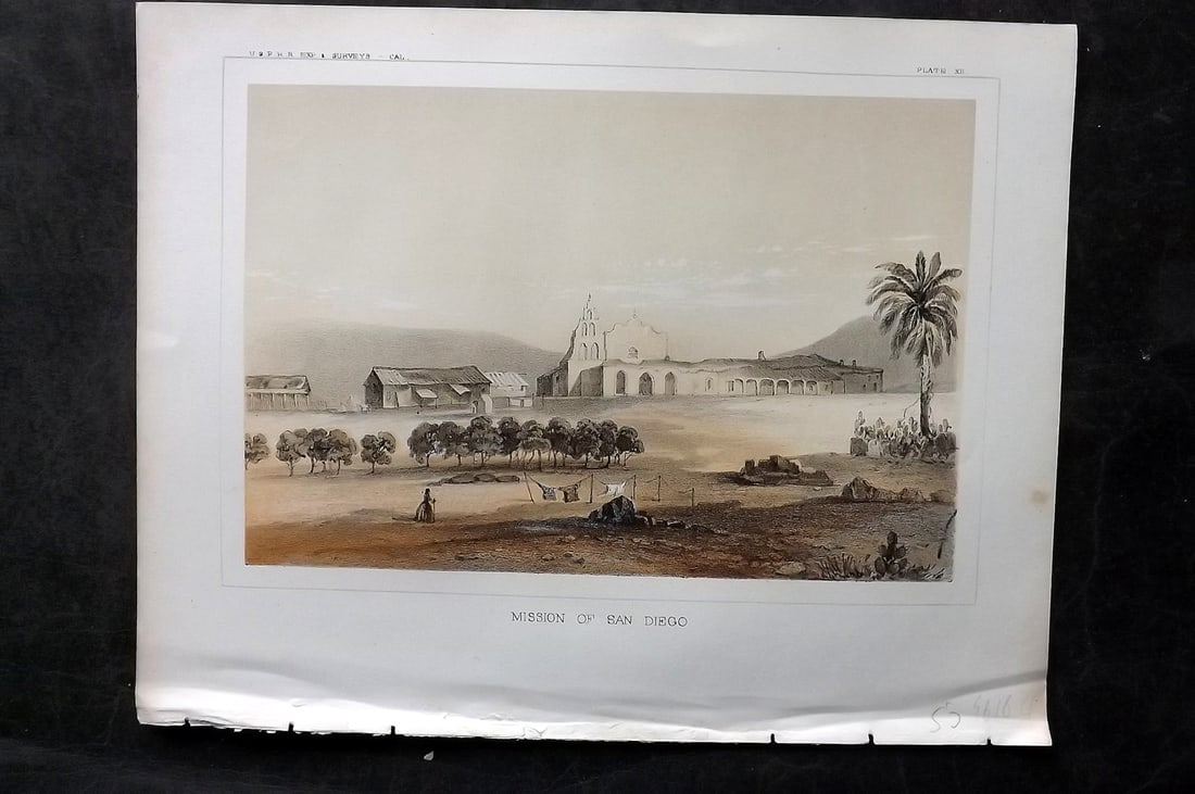Williamson, Lieut. R. S. 1856 Antique Print. Mission of San Diego, California: Lithograph Published 1853-61, Washington for "Reports of explorations and surveys, to ascertain the most practicable and economical route for a railroad from the Mississippi River to the Pacific Ocean