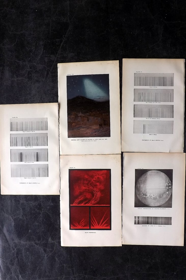 Ball, Robert 1893 Lot of 5 Astronomy Prints. Celestial: Lithograph Published 1893, London for "The Story of the Sun" by Sir Robert Stawell Ball. Paper Size: 9 x 6 inch (23 x 15cm) Good Condition