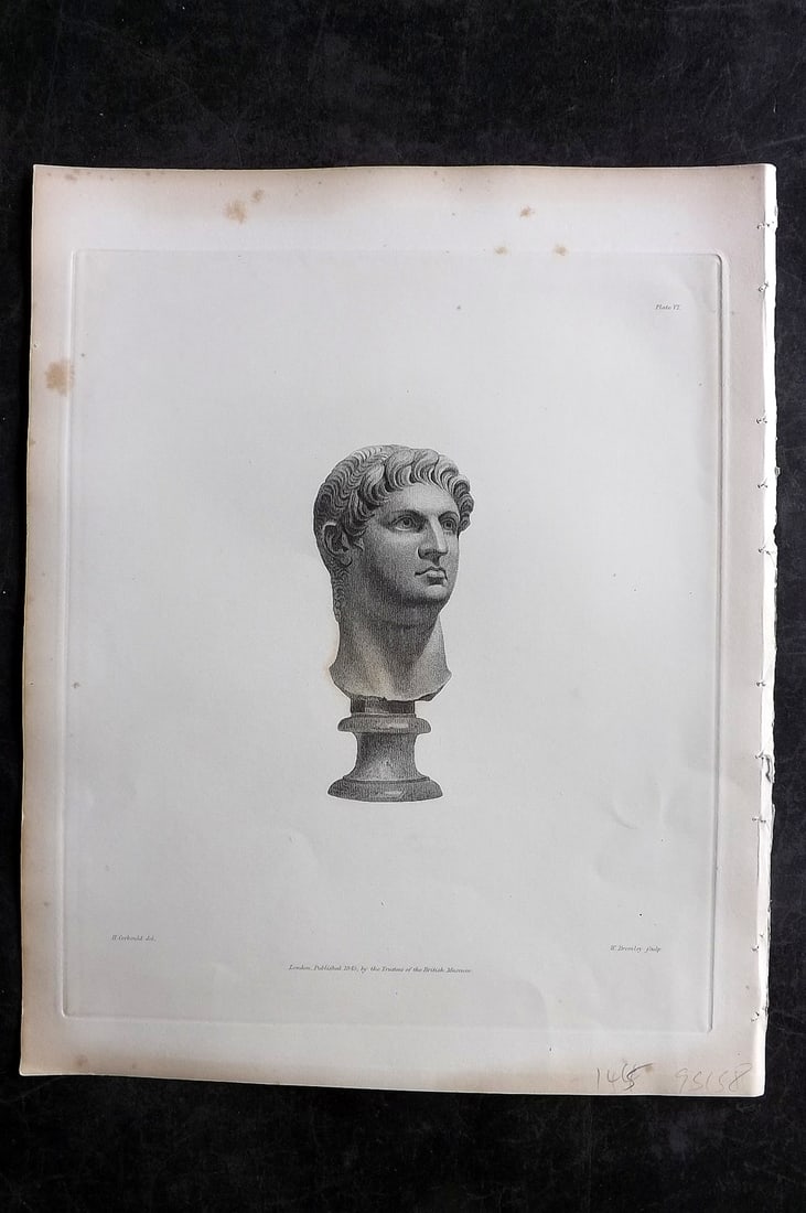 BM Marbles 1845 Folio Statue Print. Head of Nero 06: Steel Engravings Published 1812-61, London for "A Description of the Collection of Ancient Marbles in the British Museum" by the British Museum, Department of Greek and Roman Antiquities. Paper Size: