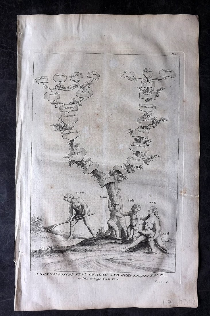 Calmet, Augustin 1732 Religious Print. Genealogical Tree of Adam & Eve (1 of 2)