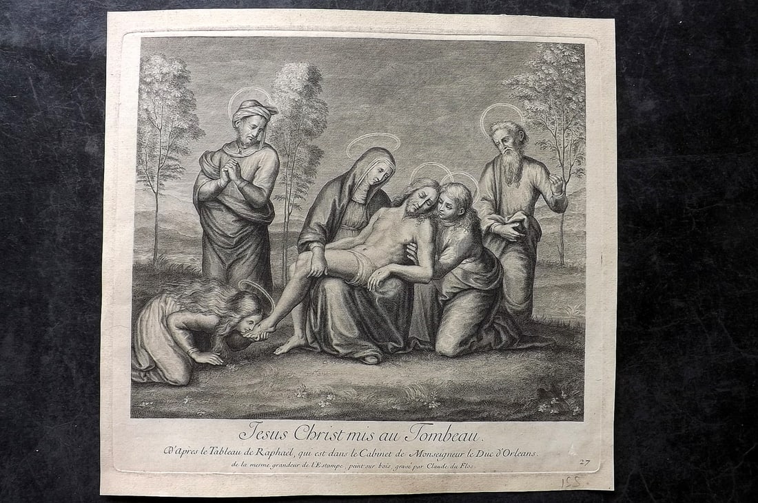 Claude du Flos after Raphael 1729 Print. Jesus Christ mis au Tombeau (1 of 2)