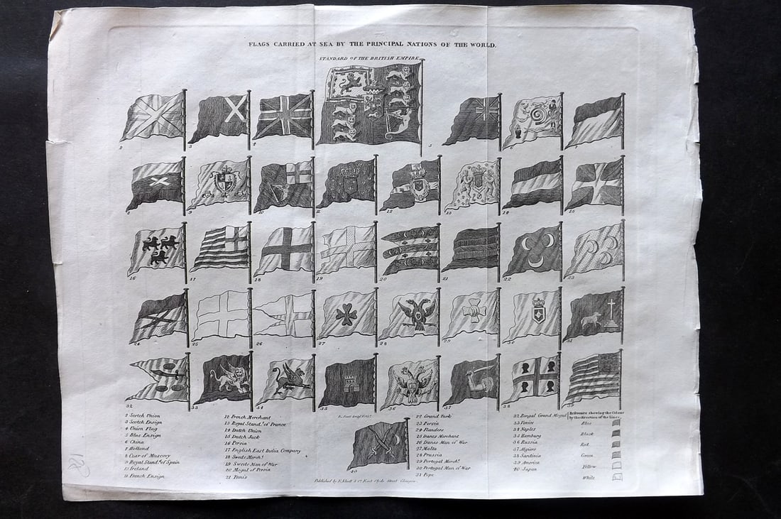 Glasgow Geography 1825 Print. Flags of the World: Copper Plate Published 1825, Glasgow for "The Glasgow Geography?" by Several Literary Gentleman. Folds as issued. Paper Size: 11 x 8 inch (28 x 21cm) Good Condition