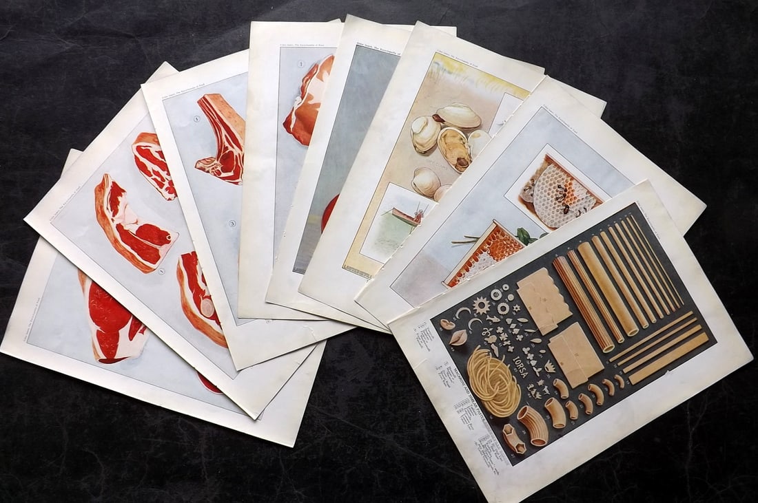 Ward, Artemas 1923 Lot of 8 Antique Food Prints: Offset Lithographs Published 1923, New York for "The Encyclopedia of Food" by Artemas Ward. Paper Size: 10.5 x 7.5 inch (27 x 19cm) Most have Discrete ink library stamp on edge of bottom image, otherw