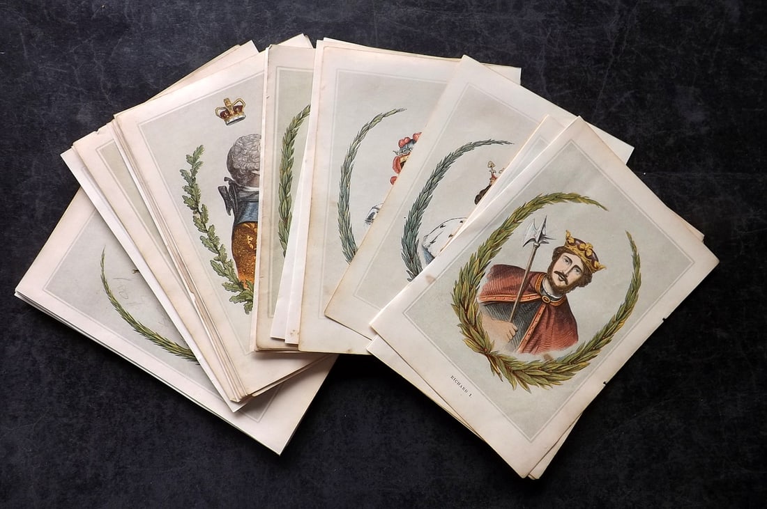 Tyrrel, Henry C1860 Lot of 38 Portraits of Kings & Queens: Colour Printed Woodblocks Published C1860, London for "A History of England for Family Use" by Henry Tyrrel. Paper Size: 6.5 x 4.5 inch (16.5 x 12cm) Good Condition
