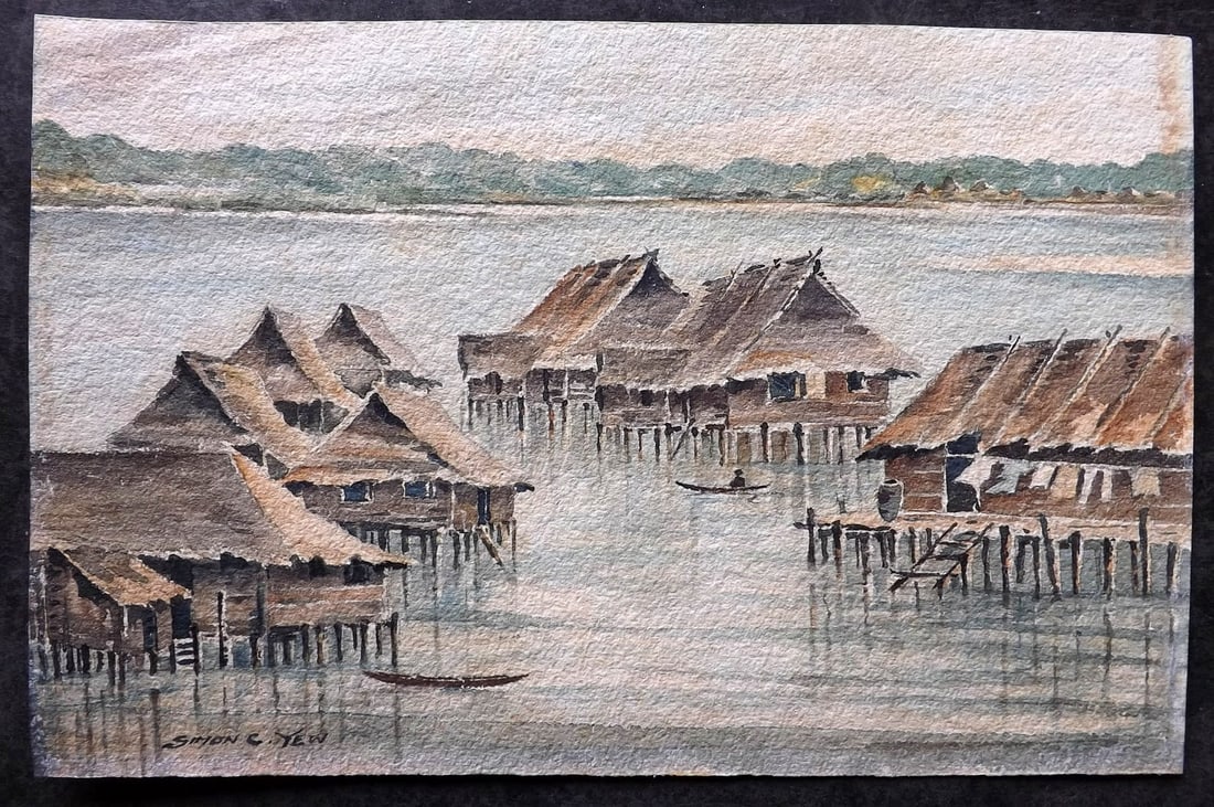 China - Yew, Simon C1930 Original Watercolour. Houses on Stilts: Watercolour on paper by Simon Yew (1898-1983) Signed by Yew, bottom left. Undated, C1930. Paper Size: 10 x 6 inch (25 x 16cm) Very minor toning. Good condition
