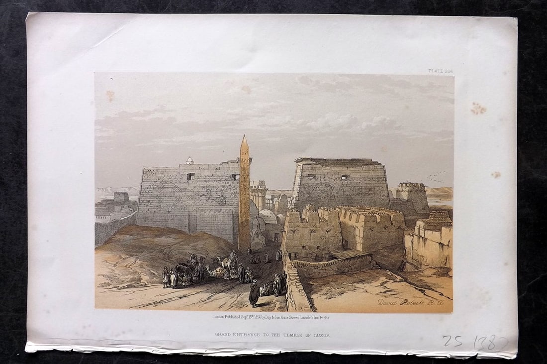 Roberts, David 1856 Print. Grand Entrance to the Temple of Luxor 206: Lithograph Published 1855-6 by Day & Son, London for "The Holy Land, Syria, Idumea, Arabia, Egypt & Nubia" Second Edition (First Quarto Edition) by David Roberts. Paper Size: 11.5 x 8 inch (29 x 20cm)