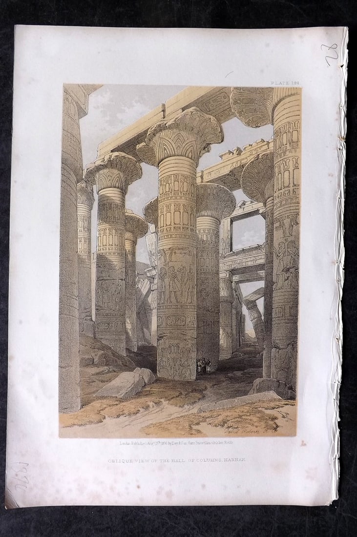 Roberts, David 1856 Print. Oblique view of the Halls of Columns Karnak 198: Lithograph Published 1855-6 by Day & Son, London for "The Holy Land, Syria, Idumea, Arabia, Egypt & Nubia" Second Edition (First Quarto Edition) by David Roberts. Paper Size: 11.5 x 8 inch (29 x 20cm)