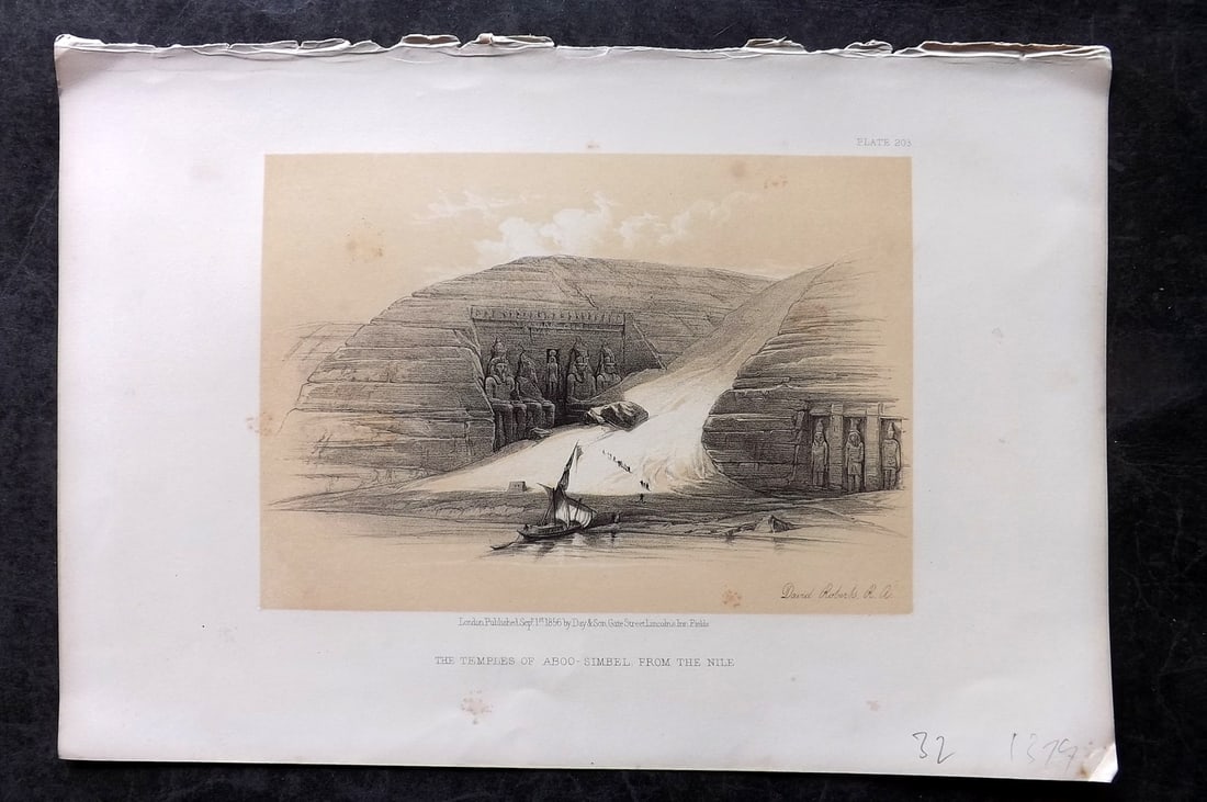 Roberts, David 1856 Print. Temples of Aboo-Simbel 203: Lithograph Published 1855-6 by Day & Son, London for "The Holy Land, Syria, Idumea, Arabia, Egypt & Nubia" Second Edition (First Quarto Edition) by David Roberts. Paper Size: 11.5 x 8 inch (29 x 20cm)