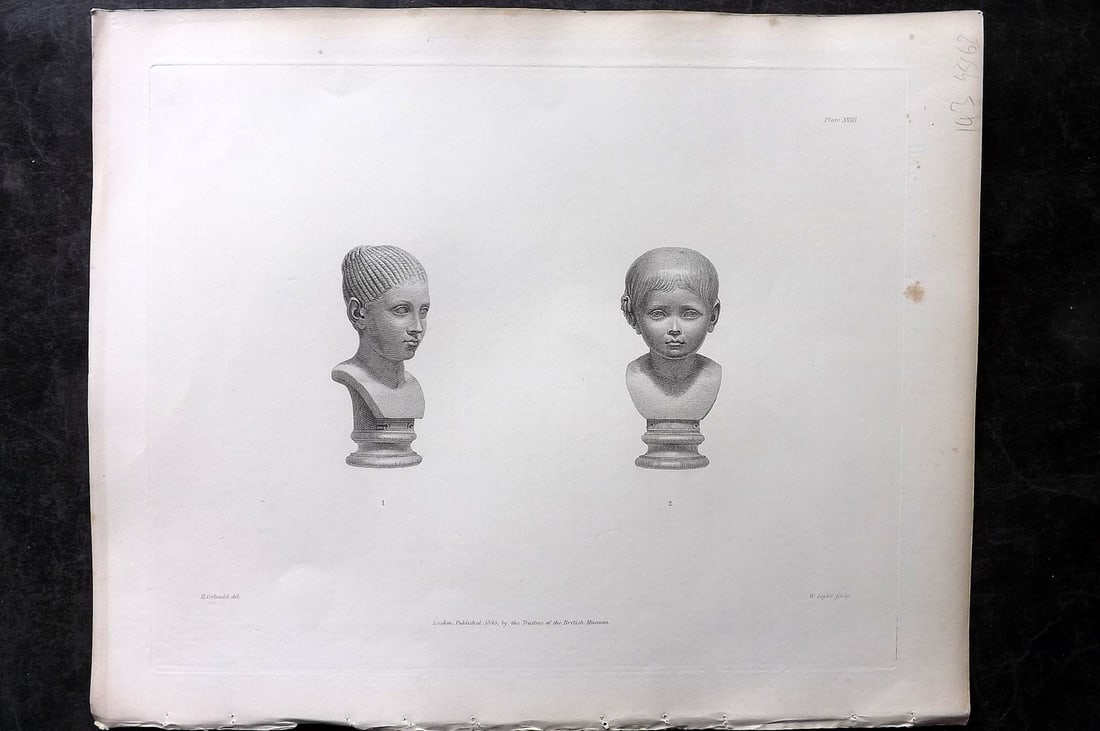 BM Marbles 1845 Folio Statue Print. Busts of Children Unknown 18: Steel Engravings Published 1812-61, London for "A Description of the Collection of Ancient Marbles in the British Museum" by the British Museum, Department of Greek and Roman Antiquities. Paper Size: 
