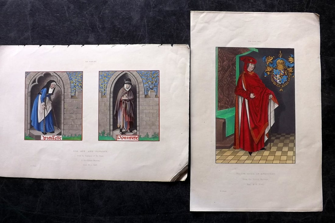 Shaw, Henry 1843 Pair of Hand Col Middle Ages costume Prints: Hand Colored Aquatints Published 1843 London for "Dresses and Decorations of the Middle Ages" by Henry Shaw. Paper Size: 11 x 7.5 inch (28 x 19cm) Good Condition