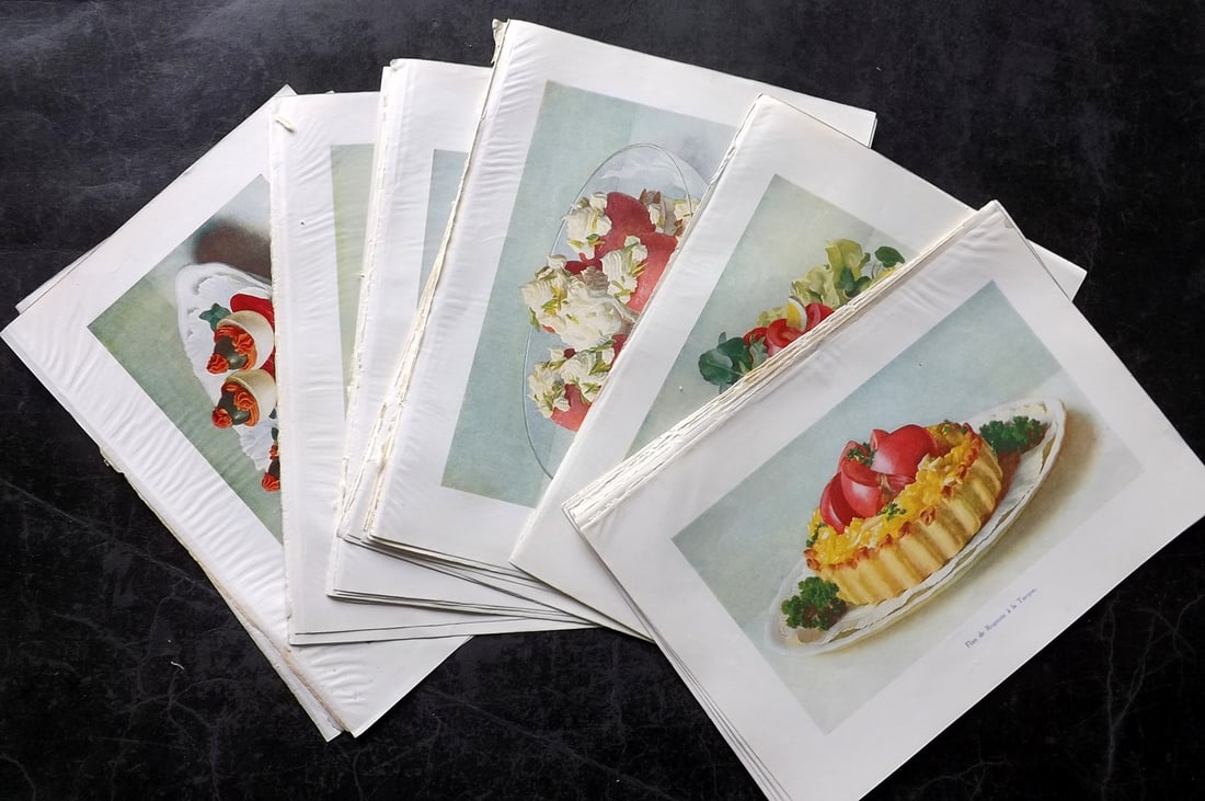 Fairclough, M. A. 1951 Lot of 24 Vintage Food Prints: Offset Lithograph Published 1951, London for "The Ideal Cookery Book" M. A. Fairclough. Paper Size: 10 x 7 inch (26 x 18cm) Good Condition
