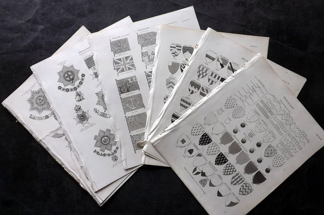 Rees, Abraham 1820 Lot of 15 Antique Heraldry Prints: Copper Plate Published 1802-20 by Longman, Hurst, Rees & Orme for "The Cycloaedia: or, Universal dictionary of arts, sciences, and literature" By Abraham Rees. Paper Size: 10.5 x 8.5 inch (27 x 22cm) 