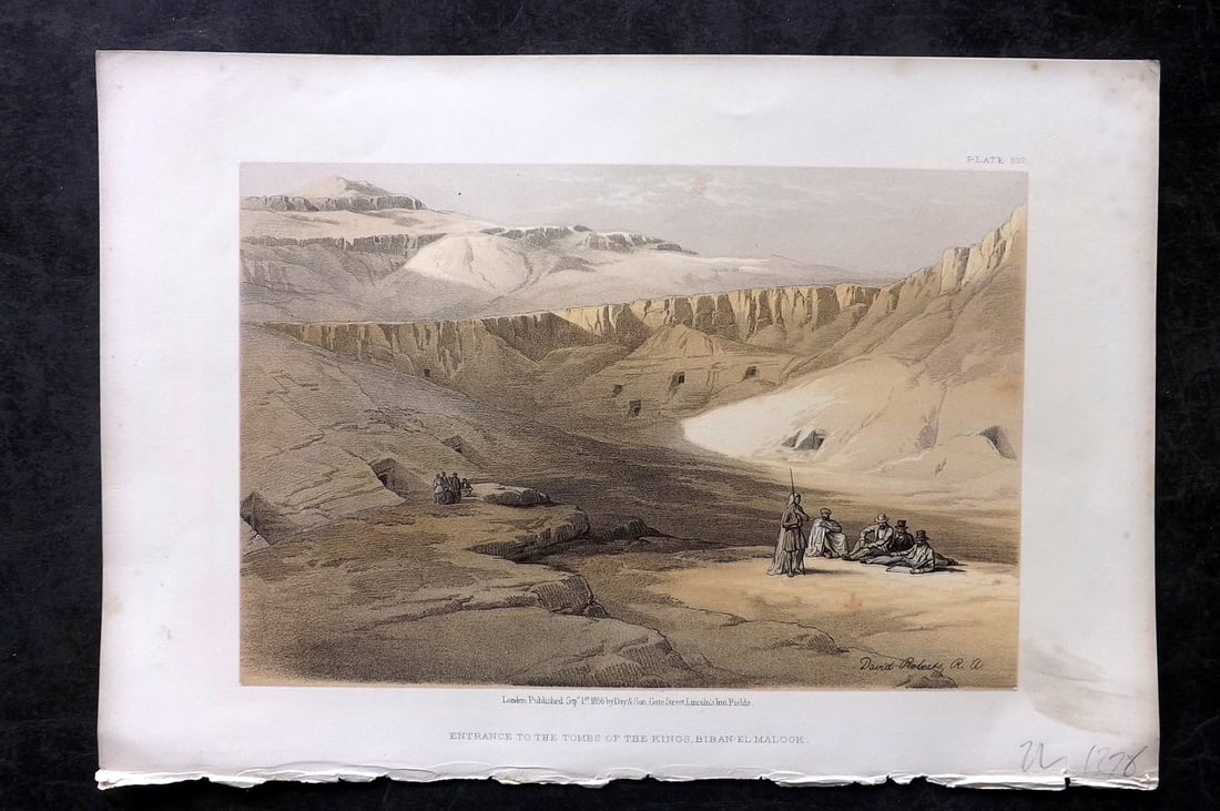 Roberts, David 1856 Print. Entrance to the Tomb of Kings 202 Egypt: Lithograph Published 1855-6 by Day & Son, London for "The Holy Land, Syria, Idumea, Arabia, Egypt & Nubia" Second Edition (First Quarto Edition) by David Roberts. Paper Size: 11.5 x 8 inch (29 x 20cm)