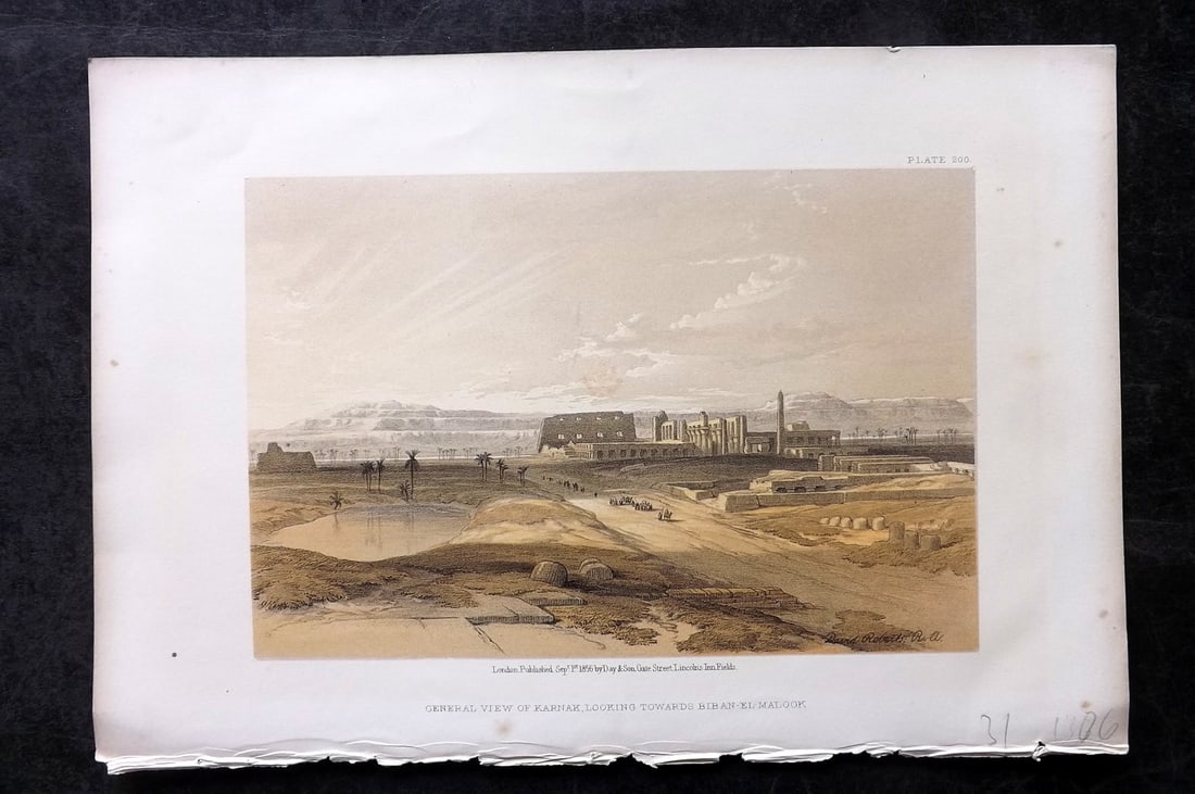 Roberts, David 1856 Print. View of Karnak 200 Egypt: Lithograph Published 1855-6 by Day & Son, London for "The Holy Land, Syria, Idumea, Arabia, Egypt & Nubia" Second Edition (First Quarto Edition) by David Roberts. Paper Size: 11.5 x 8 inch (29 x 20cm)