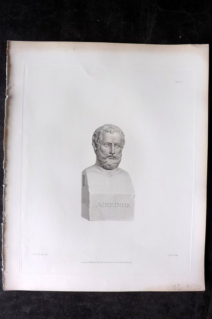 BM Marbles 1845 Folio Statue Print. Bust of Aeschines 18: Steel Engravings Published 1812-61, London for "A Description of the Collection of Ancient Marbles in the British Museum" by the British Museum, Department of Greek and Roman Antiquities. Paper Size: 