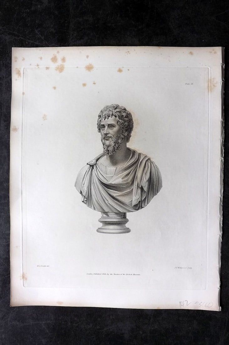 BM Marbles 1845 Folio Statue Print. Bust of Septimus Severus 11: Steel Engravings Published 1812-61, London for "A Description of the Collection of Ancient Marbles in the British Museum" by the British Museum, Department of Greek and Roman Antiquities. Paper Size: