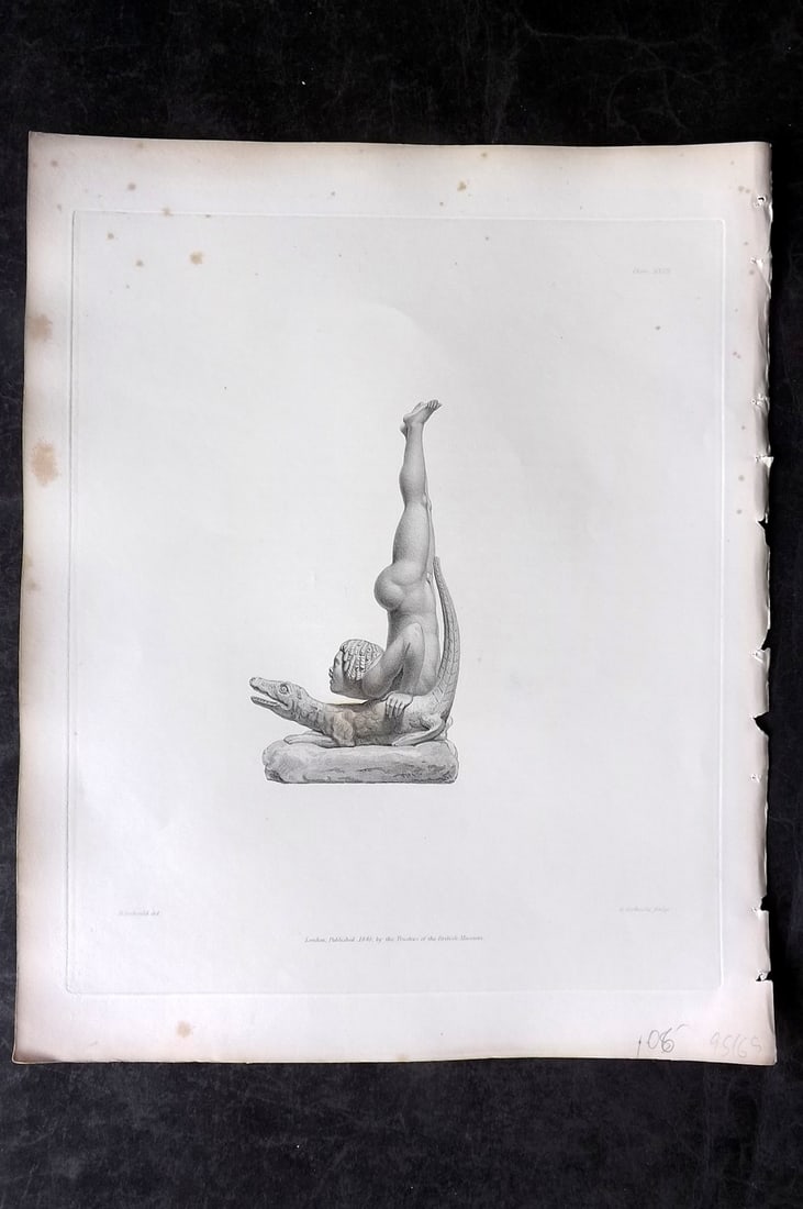 BM Marbles 1845 Folio Statue Print. Egyptian Tumbler and Crocodile 27: Steel Engravings Published 1812-61, London for "A Description of the Collection of Ancient Marbles in the British Museum" by the British Museum, Department of Greek and Roman Antiquities. Paper Size: 