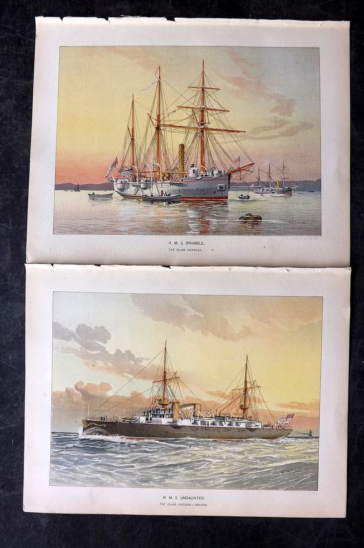H.M. Navy 1893 Pair of Antique Ship Prints: Chromolithographs Published 1889-1893 by J.S.Virtue & Co., London for "Her Majesty's Navy" By Lt. Charles Rathbone Low. Illustrated by W. Christian Symons and W. Fred Mitchell. Paper Size: 10.5 x 8 in