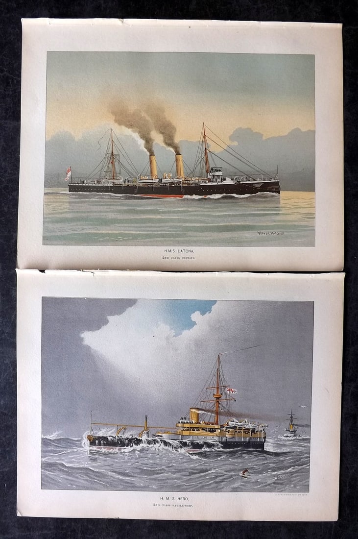 H.M. Navy 1893 Pair of Antique Ship Prints: Chromolithographs Published 1889-1893 by J.S.Virtue & Co., London for "Her Majesty's Navy" By Lt. Charles Rathbone Low. Illustrated by W. Christian Symons and W. Fred Mitchell. Paper Size: 10.5 x 8 in