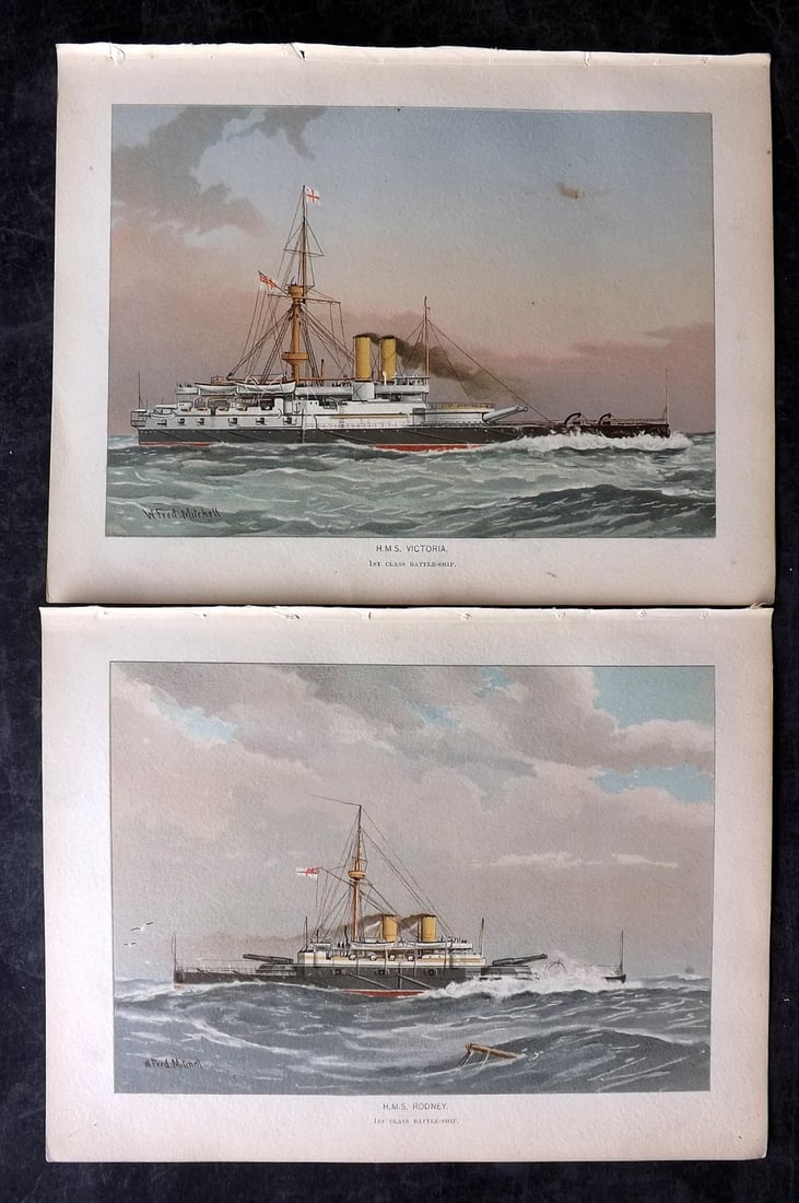 H.M. Navy 1893 Pair of Antique Ship Prints: Chromolithographs Published 1889-1893 by J.S.Virtue & Co., London for "Her Majesty's Navy" By Lt. Charles Rathbone Low. Illustrated by W. Christian Symons and W. Fred Mitchell. Paper Size: 10.5 x 8 in