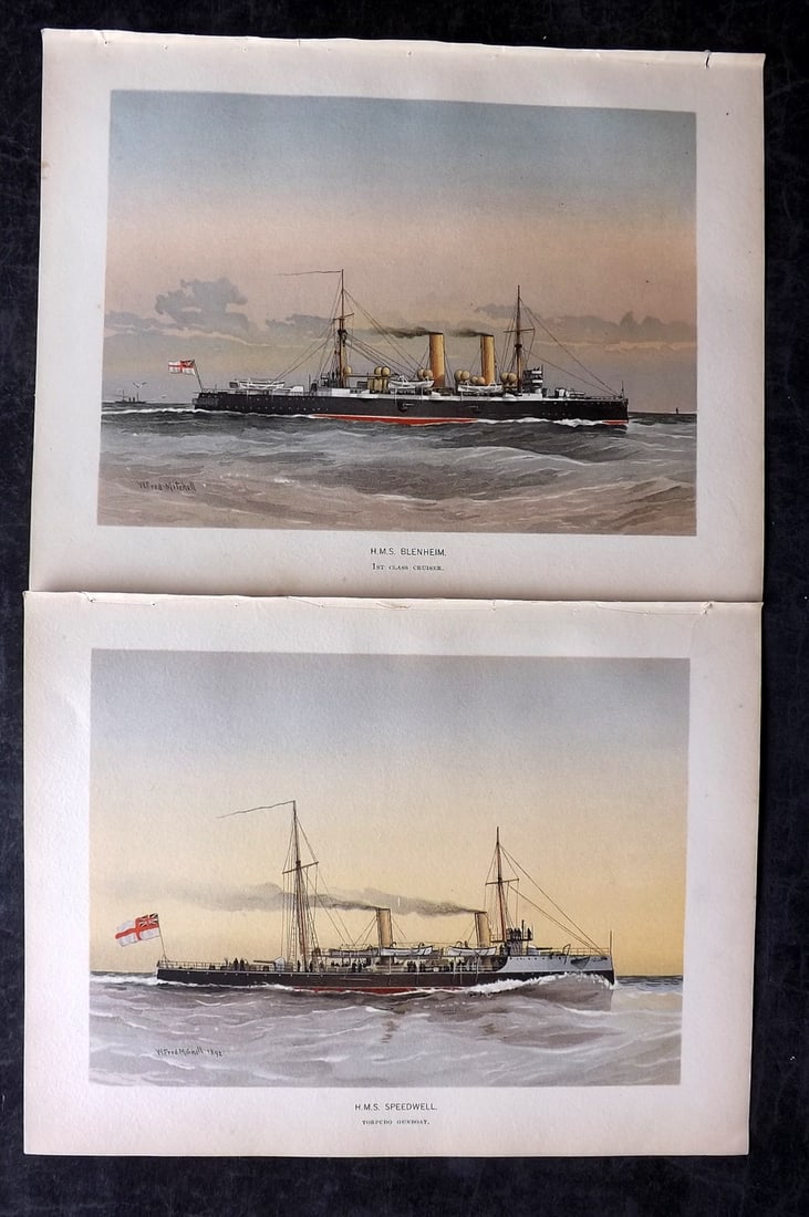 H.M. Navy 1893 Pair of Antique Ship Prints: Chromolithographs Published 1889-1893 by J.S.Virtue & Co., London for "Her Majesty's Navy" By Lt. Charles Rathbone Low. Illustrated by W. Christian Symons and W. Fred Mitchell. Paper Size: 10.5 x 8 in