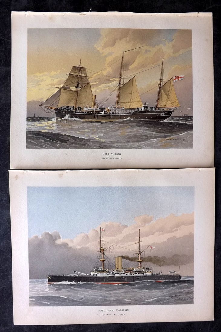 H.M. Navy 1893 Pair of Antique Ship Prints: Chromolithographs Published 1889-1893 by J.S.Virtue & Co., London for "Her Majesty's Navy" By Lt. Charles Rathbone Low. Illustrated by W. Christian Symons and W. Fred Mitchell. Paper Size: 10.5 x 8 in