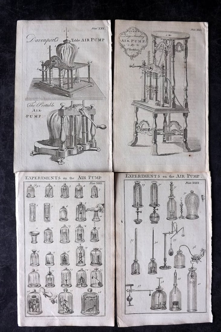 Martin, Benjamin 1759 Lot of 4 Science Prints. Air Pumps: Copper Plate Published 1759, London for "The Young Gentleman and Lady's Philosophy... by Benjamin Martin. Paper Size: 8 x 5 inch (21 x 13cm) Good Condition