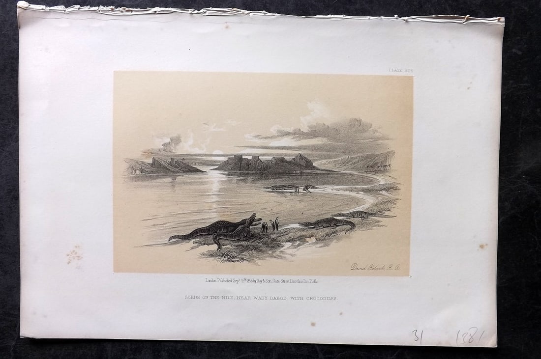 Roberts, David 1856 Print. Scene on the Nile near Wady Dabod 205: Lithograph Published 1855-6 by Day & Son, London for "The Holy Land, Syria, Idumea, Arabia, Egypt & Nubia" Second Edition (First Quarto Edition) by David Roberts. Paper Size: 11.5 x 8 inch (29 x 20cm)