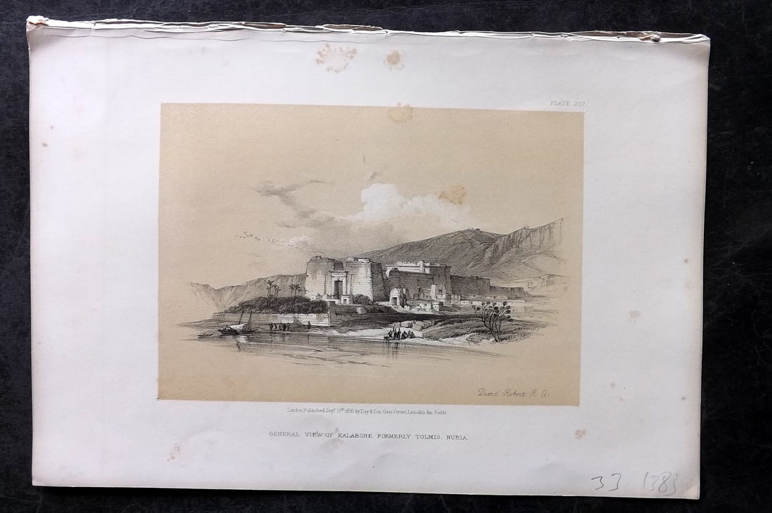 Roberts, David 1856 Print. View of Kalabshe 207: Lithograph Published 1855-6 by Day & Son, London for "The Holy Land, Syria, Idumea, Arabia, Egypt & Nubia" Second Edition (First Quarto Edition) by David Roberts. Paper Size: 11.5 x 8 inch (29 x 20cm)