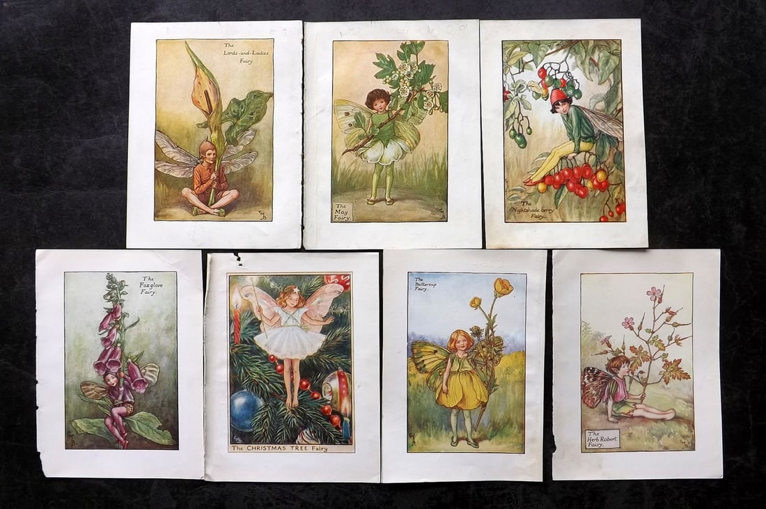 Barker, Cicely Mary C1940 Lot of 7 Flower-Fairy Prints: Lithographs Published C1935-45 by Blackie & Son, London & Glasgow for the "Flower-Fairies" Series by Cicely Mary Barker. Reverse side blank. Paper Size: 5.5 x 4 inch (14 x 10cm) One with ink marks on 