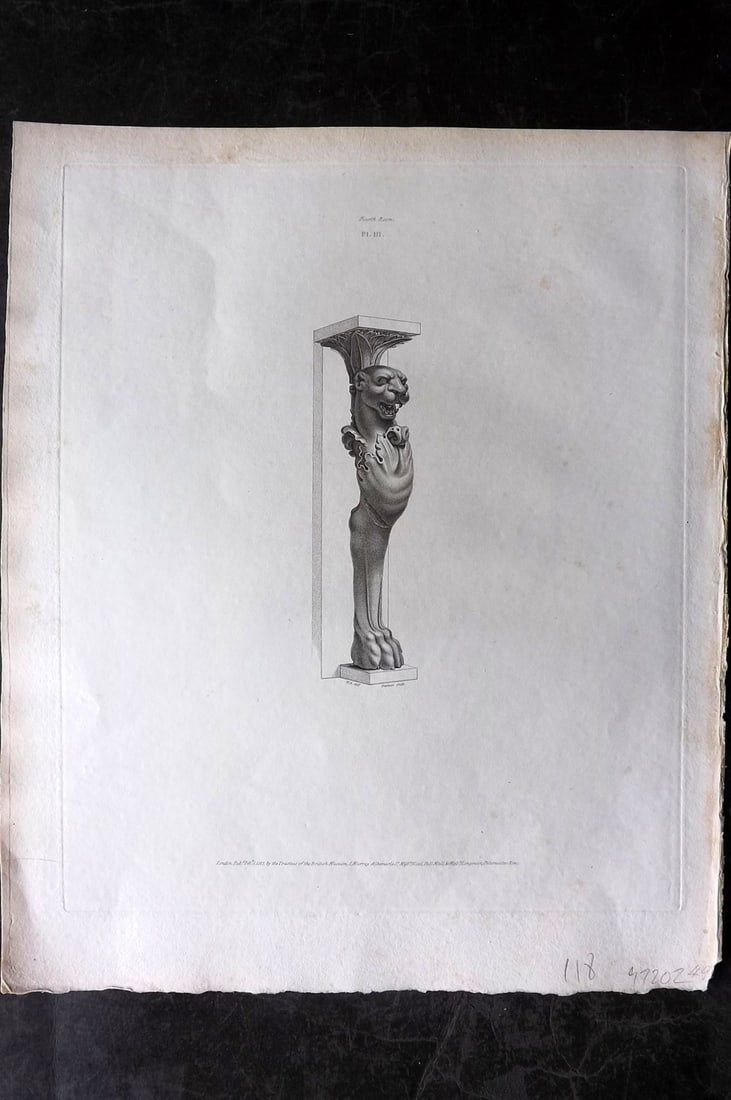 BM Marbles 1818 Folio Statue Print. Support of an Ancient Tripod Table 03: Copper Plate Published 1812-61, London for "A Description of the Collection of Ancient Marbles in the British Museum" by the British Museum, Department of Greek and Roman Antiquities. Paper Size: 13.5