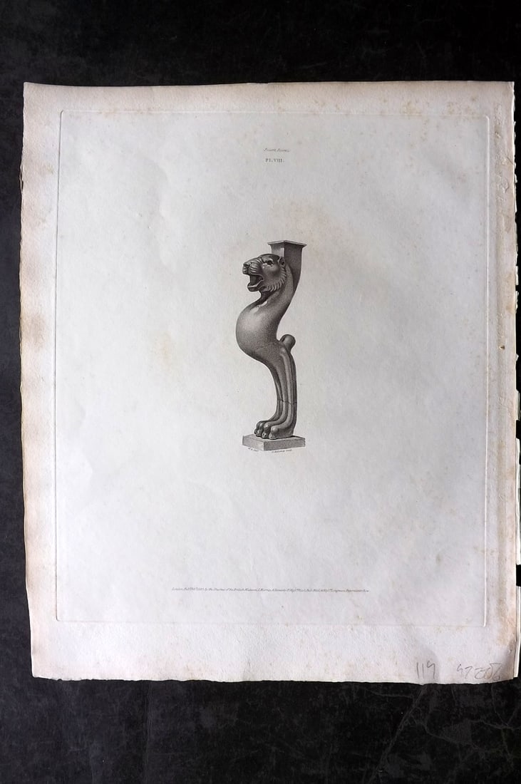 BM Marbles 1818 Folio Statue Print. Support of an Ancient Tripod Table 08: Copper Plate Published 1812-61, London for "A Description of the Collection of Ancient Marbles in the British Museum" by the British Museum, Department of Greek and Roman Antiquities. Paper Size: 13.5