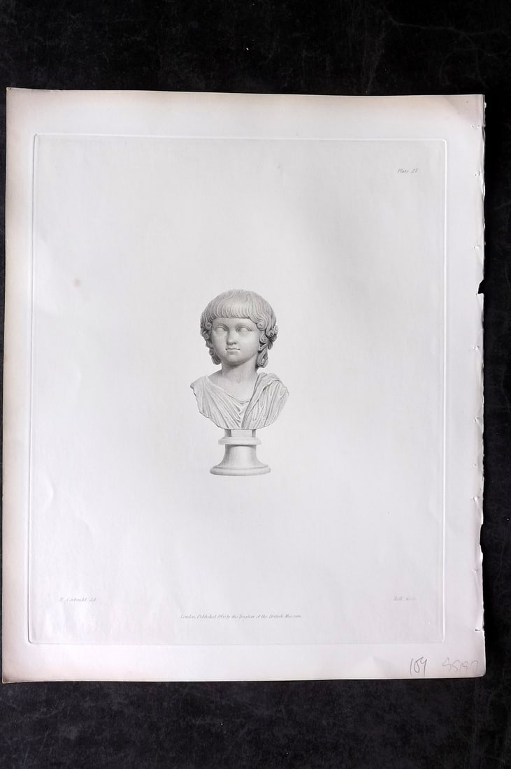 BM Marbles 1845 Folio Statue Print. Youthful Bust 27: Steel Engravings Published 1812-61, London for "A Description of the Collection of Ancient Marbles in the British Museum" by the British Museum, Department of Greek and Roman Antiquities. Paper Size: