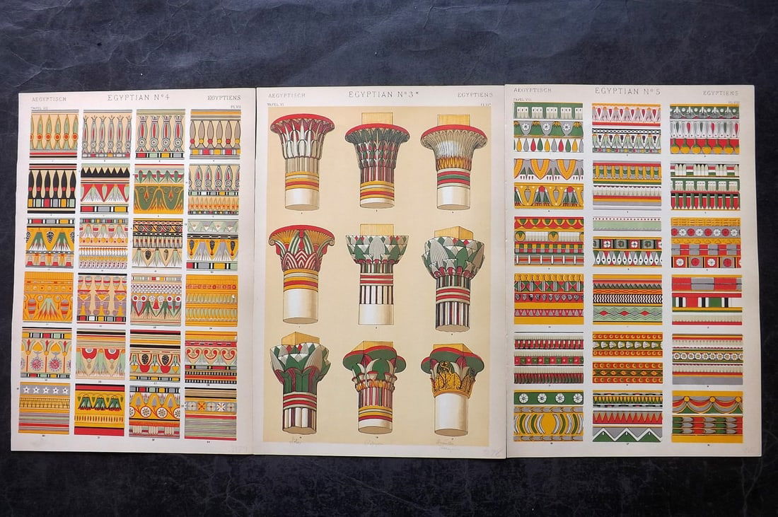 Jones, Owen 1910 Lot of 3 Architectural Design Prints. Egypt (1 of 2)