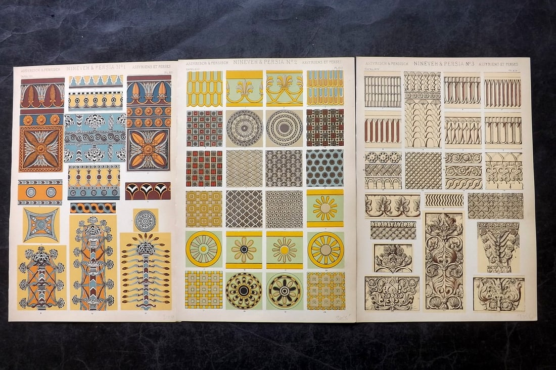 Jones, Owen 1910 Lot of 3 Architectural Design Prints. Nineveh & Persia (1 of 2)