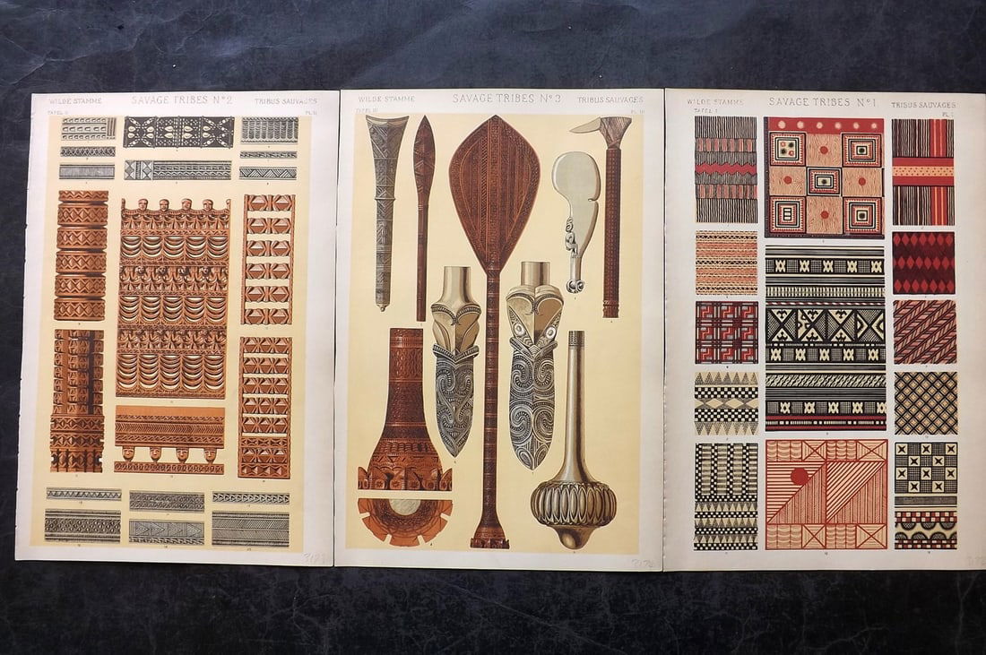 Jones, Owen 1910 Lot of 3 Architectural Design Prints. Savage Tribes (1 of 2)