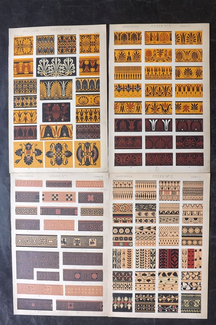 Jones, Owen 1910 Lot of 4 Architectural Design Prints. Greek Greece: Chromolithograph Published 1910 by Bernard Quaritch, London for "The Grammar of Ornament" by Owen Jones. Paper Size: 13 x 9 inch (33 x 23cm) Good Condition