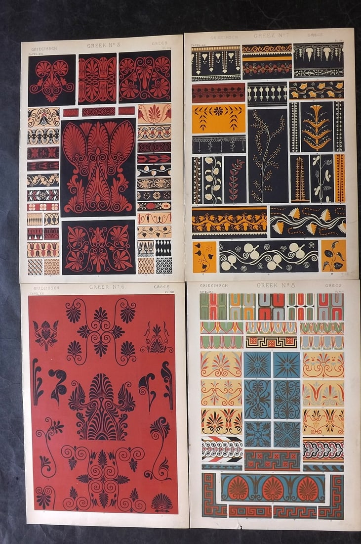 Jones, Owen 1910 Lot of 4 Architectural Design Prints. Greek Greece: Chromolithograph Published 1910 by Bernard Quaritch, London for "The Grammar of Ornament" by Owen Jones. Paper Size: 13 x 9 inch (33 x 23cm) Good Condition