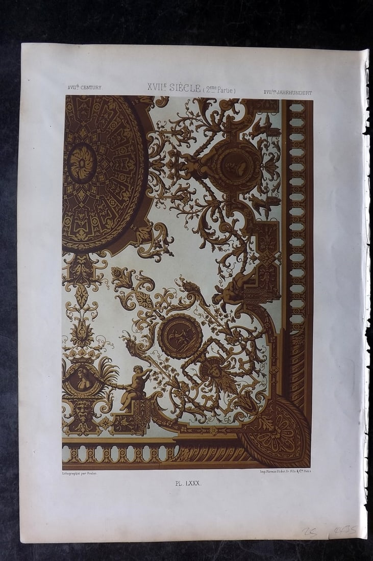 Racinet, Auguste 1871 Folio Architecture Print. 17th Century 80: Folio Chromolithograph Published 1871, London & Paris for "L'Ornament Polychrome" By Auguste Racinet. Paper Size: 16 x 10.5 inch (40 x 27cm) Approx. Very light water stain top left corner margin. Good