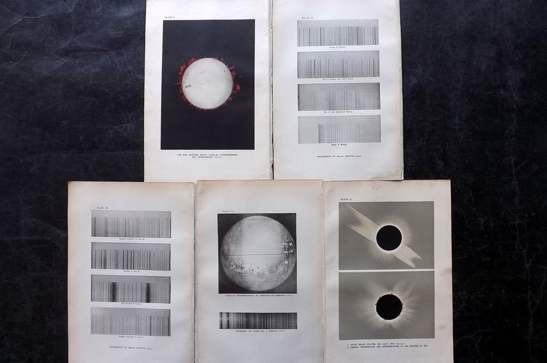 Ball, Robert 1893 Lot of 5 Astronomy Prints. Celestial: Lithograph Published 1893, London for "The Story of the Sun" by Sir Robert Stawell Ball. Paper Size: 9 x 6 inch (23 x 15cm) Good Condition